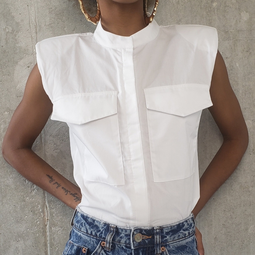 Sleeveless Button Up with Shoulder Pads